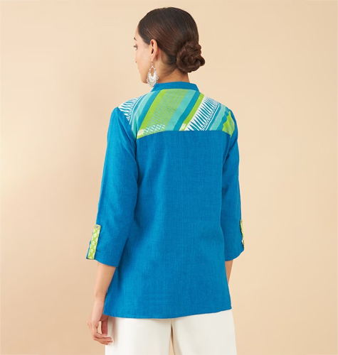 Blue & Green Mandarin Collar Printed Tunic